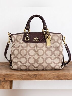 Coach Signature Jacquard Convertible Satchel Shoulder Bag Brown Beige